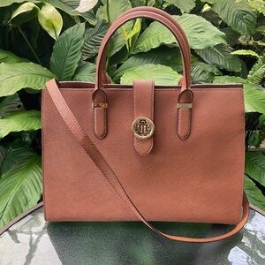 Lauren Ralph Lauren Large Leather Cognac Tote With Long Shoulder Strap